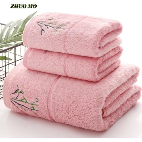 Soft Thicked Bamboo Fiber Towel Bathroom Large 70*140 cm Embroidery Absorbent Towel For Adult Gift Baby Shower pink Home Towel