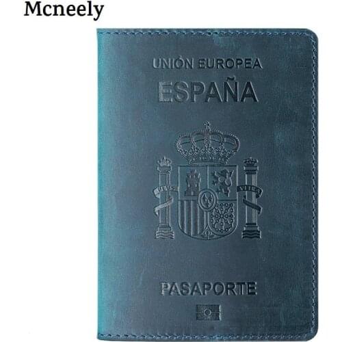Hot Crazy Horse Leather Spain Passport Cover Card Holder Men Passport Case Travel Unisex Genuine Leather Espana Travel Wallet
