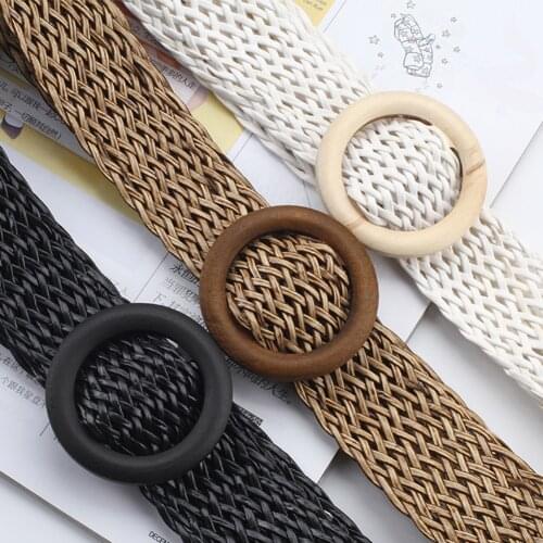 2020 Fashion Summer Women Wide Braided Woven Straw Waist Belt Round Wooden buckle Belts For Women Dress Waistband Accessories