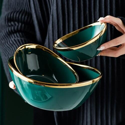 Nordic Luxury Green Glaze Ceramic Bowls In Gold Inlay Creative Salad Fruit Snack Soup Dessert Noodle Bowl Tray Kitchen Tableware