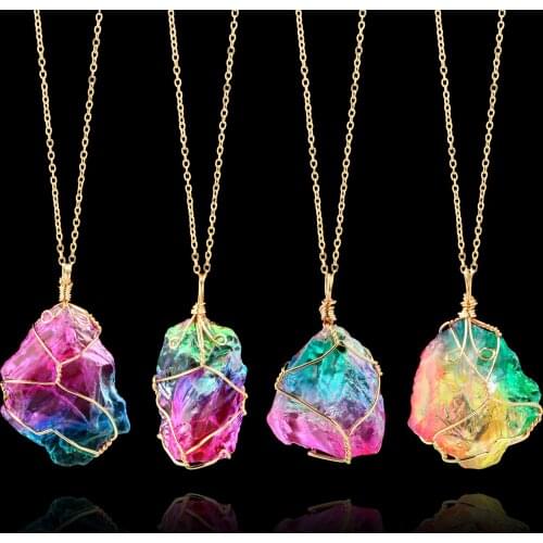 Seven color natural raw stone winding crystal pendant transparent multi color chain necklace neck chain