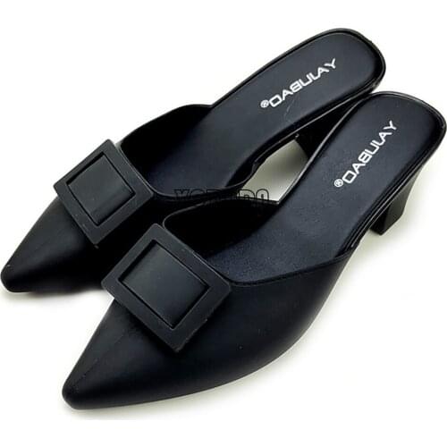Fashion Pointed Mule Shoes Women Buckle PVC Home Slippers Casual Thick Heel Slip On Sandals Woman Outdoor Beach Slides Flip Flop