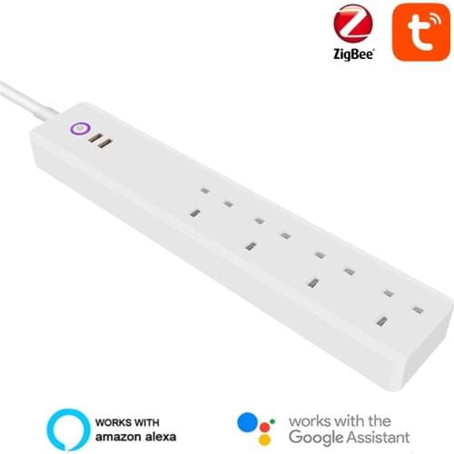 Zigbee Smart Power Strip 10A/13A UK Smart Power Bar Multiple Outlet Extension Cord with 2 USB and 4 AC Plugs by Tuya