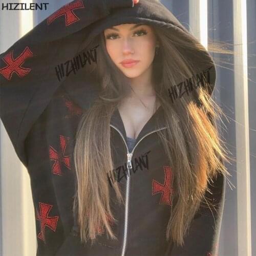 Y2K Rhinestone cross Zip up Oversized Hoodies E-girl Vintage Solid Letter Long Black Harajuku Female sweatshirt Grunge clothing
