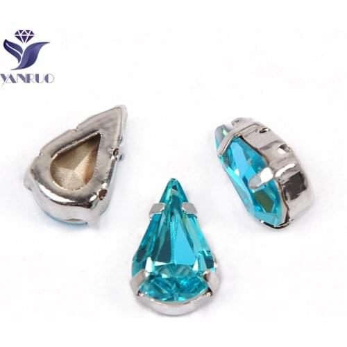 YANRUO 4300 All Sizes Aquamarine Pear Shaped Glitter Strass Crystal Pointed Back DIY Crafts Sewn Rhinestones For Clothes