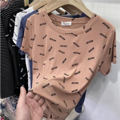 Women Slim Shirt Letter printing Tops Screw Thread Short sleeve T-Shirt Female Autumn Tops and Tees Short Casual Black T shirt