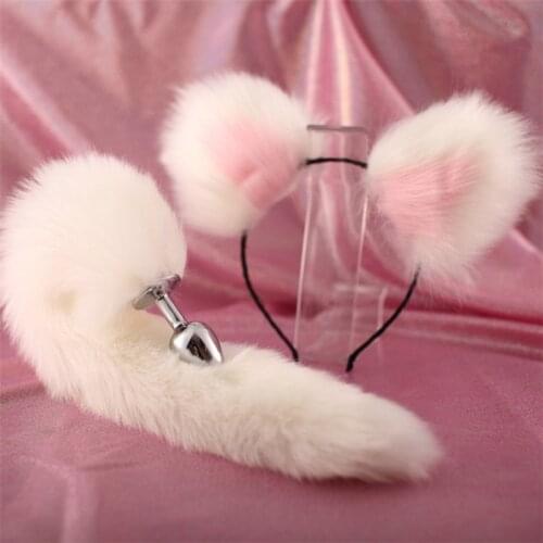 Women Fashion Sexy Loli Cute Hairpin Fox Fur Plush Cat Ears Headband Accessories Set with Fox Erotic Tail Metal Plug for Cosplay