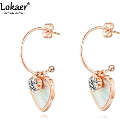 Lokaer Fashion Titanium Stainless Steel Love Heart White Shell Stud Earrings Jewelry Rose Gold Wedding Earrings For Women E17099