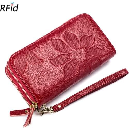 Women Genuine Leather Double Zipper Long Wallet Ladies Embossing Large Capacity Long Style Cowhide Phone Money Bag Wallet 2021