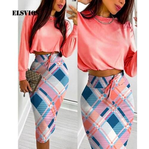 2021 New Autumn Women Loose Printed Long-sleeve Casual Suit O Neck Short T-shirt And Slim Skirt Suits Spring Elegant 2 Piece Set