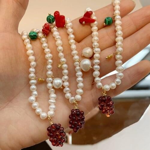 MENGJIQIAO Korean Elegant Freshwater Pearl Necklace For Women Ladies Cute Fruit Pendent Chock Bijoux Colares Wedding Jewelry