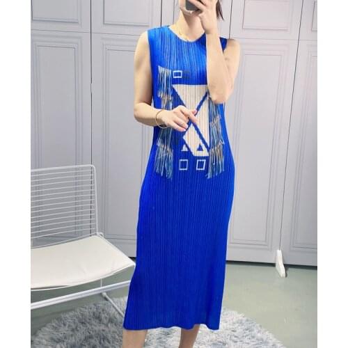 2021 Summer Miyak Pleated dresses for women Fashion Printed Tassel stitching Slim High elasticity Sleeveless straight dress