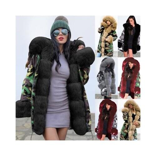Female Winter Leisure Cotton Padded Fur Collar Warmness Thicken Women Coat Long Hooded Coat Camouflage Plush Coat
