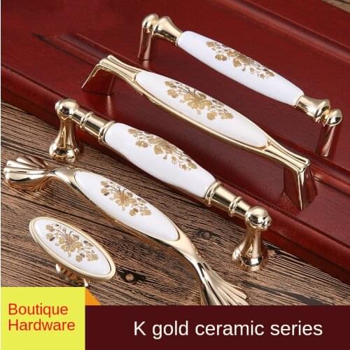 Golden Ceramic Handle European Style Kitchen Cabinet Wardrobe Door Handle Modern Drawer Knob Furniture Handle Decoration