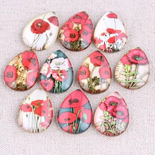 Onwear 20pcs mix poppy flower photo teardrop glass cabochon 18x25mm diy flat back handmade jewelry findings for earrings pendant