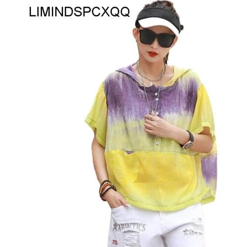 LIMINDSPCXQQ 2021 Fashion New Summer Street Womens Yellow Purple Hoodie Womens Shorts Casual T-shirt Tie Dye Sleeve Girl Top