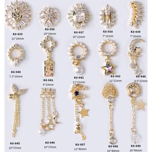 5pcs/lot 3D metal Pendant Chain Zircon Nail art jewelry Japanese nails decorations zircon pearl crystal Manicure diamond Charms