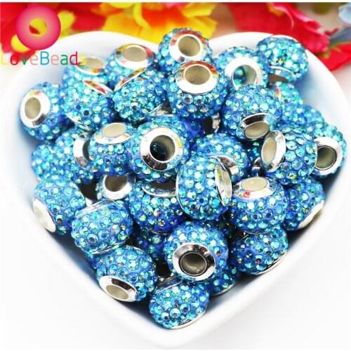 50Pcs Assorted Color Rhinestone European Beads Large Holes Spacer Beads Crystal Ball Ball Rondelle Slide Pandora Charm Bracelet