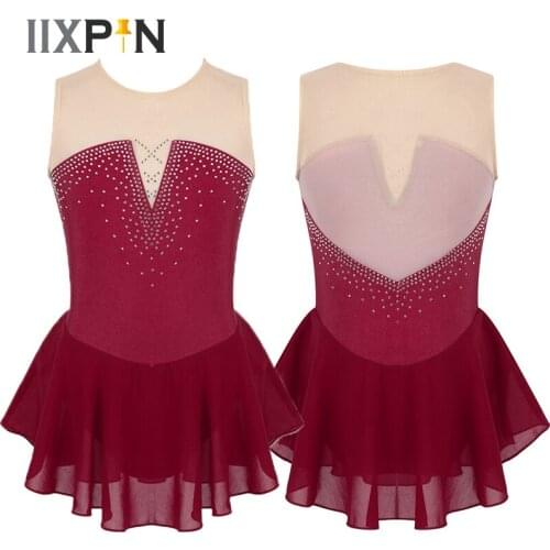 Ballet Leotard Girls Sparkly Inlaid Rhinestone Gymnastics Leotard Dress Mesh Splice Ice Skating Dress Ballet Dance costume Kids