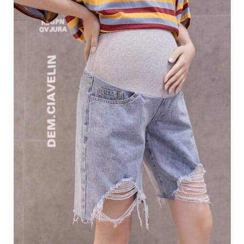 Pregnant womens pants summer wear loose new denim shorts five-point pants with holes in trendy mom fashion