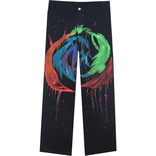 Graffiti Hand Printed Pants Men Streetwear Denim Pants Hip Hop Harajuku Loose Straight Trousers Women Baggy Casual Jeans Couples