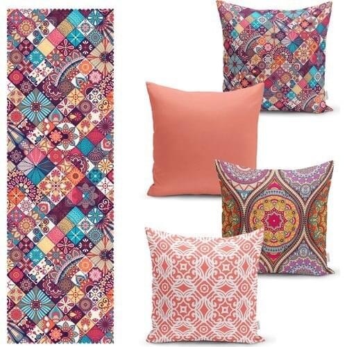 Real Homes Plaids Ethnic Pattern Motif 4 Pillow decorate Case and 1 Runner Set