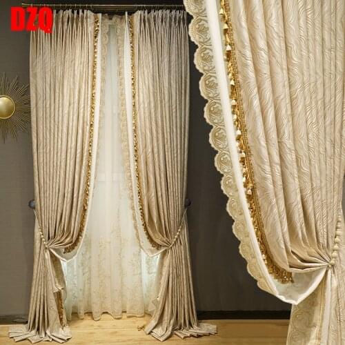 European high grade luxury high precision jacquard geometric simplicity Beige modern curtain cloth French living room bedroom