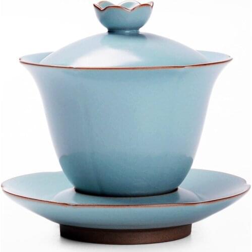 Ge Kiln Gaiwan Longquan Celadon Porcelain China Teacups and Tea Bowl Ceramic Crackle Glaze Tea Pot