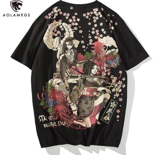 Aolamegs Men T Shirt Japanese samurai Flower Print T-shirts Harajuku Casual Tshirt Loose Couple Short Sleeve Streetwear Summer