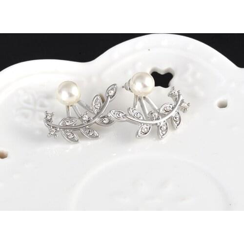 Jisensp Delicate Style Pearl Plant Ear Jackets Branch Leaves Stud Earrings Fashion Jewelry for Women Girls Birthday Gift