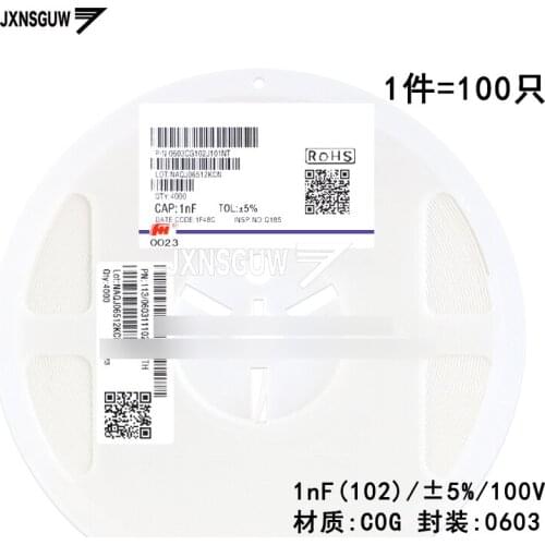 100PCS Chip capacitors 0603 5% 100V COG 1nF 102 FH