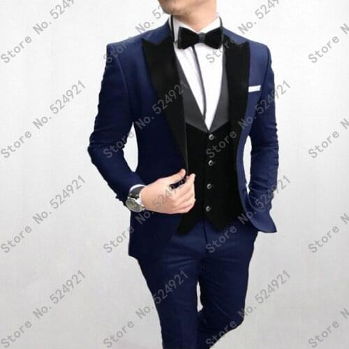 New Groomsmen Peak Velvet Lapel Groom Tuxedos Light Navy Blue+Black Men Suits Wedding Best Man (Jacket+Pants+Bow Tie+Vest) C631