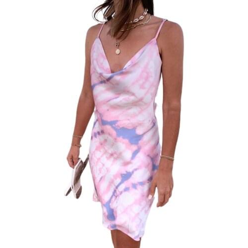 New Women Ladies Tie Dye Print Slip Dress Adjustable Spaghetti Strap Dress Summer Sexy Casual Sleeveless Sundress
