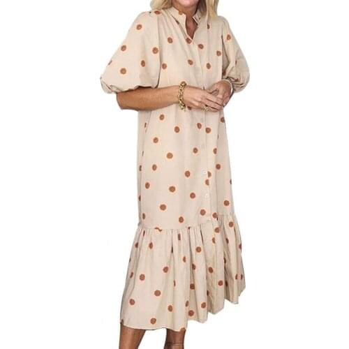 Midi Dress Women Summer 2021 Casual Stand-up Collar Polka Dot Print Half Lantern Sleeve dress women elegant for Holiday