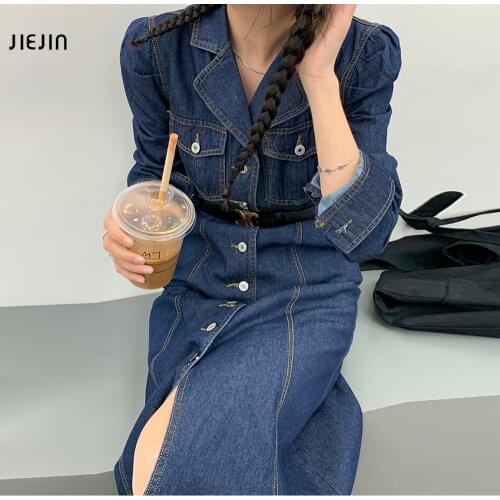 2020 Autumn Denim Blue Long Dress Women Casual Lapel Long Sleeve Long Shirt Vestido Elegant Work OL Dress Women Cowboy