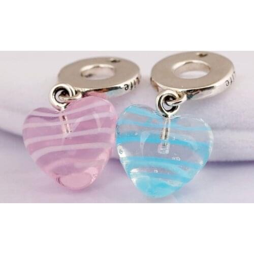 S925 Pendant DIY Jewelry Blue Pink Ribbon Heart Dangle Charm fit Lady Bracelet Bangle Murano Glass