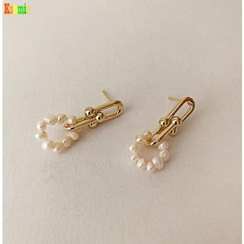 Kshmir Freshwater Pearl Earrings Female Metal Texture Thick Chain Earrings Female Web Celebrity Earrings Korean Natural Women