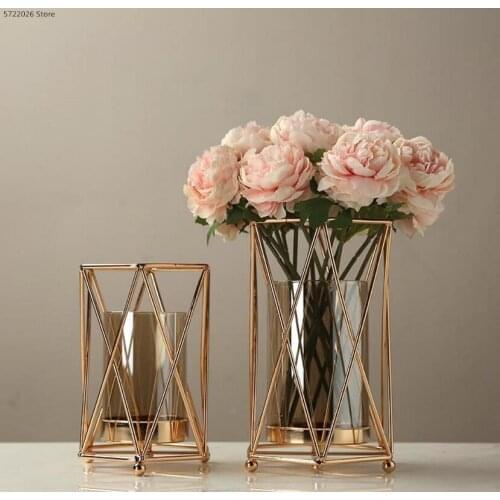 Modern home decoration vase creative nordic metal iron geometric glass gold vase living room table decoration vase candle holder