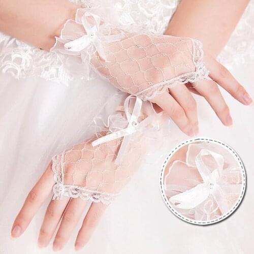 Bridal Lace Net Yarn Bowknot Gloves Without Fingers Wedding Accessories