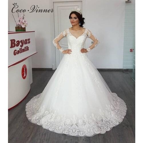 Long Sleeve Embroidery Beads Vintage Arab Wedding Dress Ball Gown Illusion Muslim Plus Size Bride Dress Wedding Gown W0203