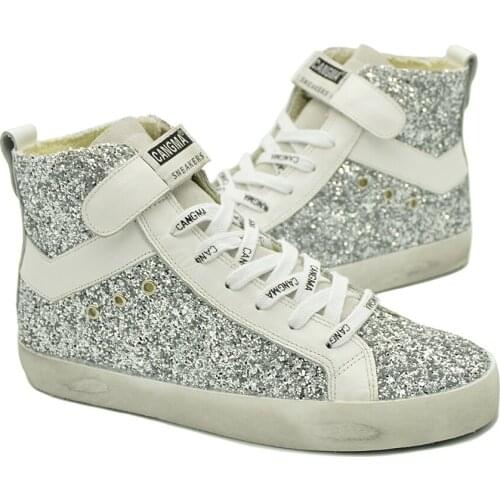 CANGMA Luxury Brand Original Men Sequin Casual Shoes Genuine Leather High Top Sneakers Mens Silver Glitter Shoes Male