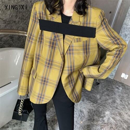 YING XI 2020 Spring Loose Casual Long Sleeve Yellow Lattice Cardigan Turn-down Collar Splice Women Suit Coat