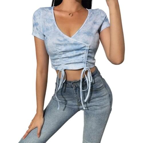 Women Elegant Sexy Tie-dye Side Drawstring Skinny Short Sleeve V-Neck T-shirt Summer Exposed Navel Casual Tops 2020 New Arrival