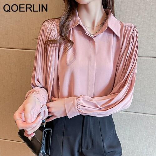 QOERLIN Pleated Sleeves Chiffon Blouse OL Lantern Sleeves White Shirts Blouse Women Plus Size Single-Breasted Top Shirts 2XL