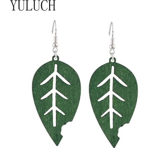 YULUCH Girls wood hollow out broken leaf pendant earrings ladies elegant retro art jewelry girls party simple accessories wooden