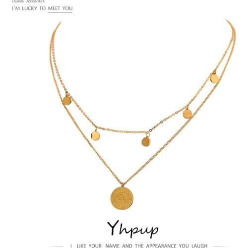 Yhpup Fashion Coin Eye Pendant Layered Stainless Steel Necklace for Women Statement Chain Choker 18 K Necklace Jewelry 2021