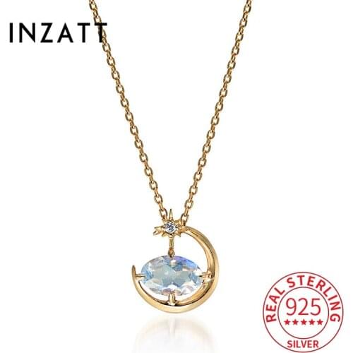 INZATT Real 925 Sterling Silver Star Moon 14K Gold Opal Pendant Choker Necklace For Fashion Women Cute Fine Jewelry Accessories