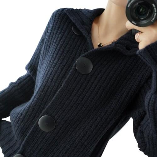 100%australia wool knit women new cardigan sweaters loose fit short coat big buttons turn-down collar M-2XL wholesale retail
