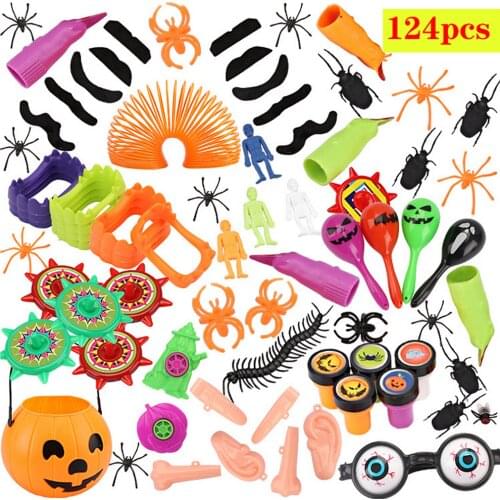 100pcs 124pcs Halloween Toys Kit Fake Spider Vampire Teeth Whistles Witch Finger Nails Toys for Halloween Party Decoration
