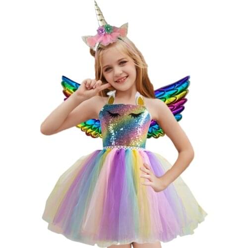 2021 Girls Unicorn Costume Rainbow Birthday Party Gift Princess Tutu Dress Christmas Halloween Costume for Kids Full Sets